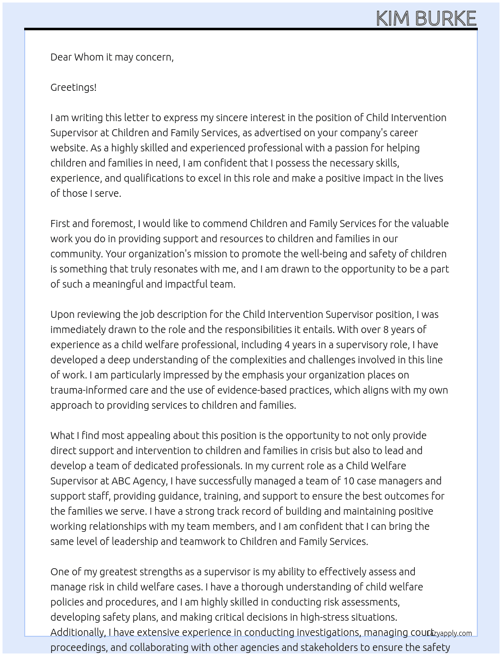 Child Intervention Supervisor ID 55686 At Children and Family Services Cover Letter