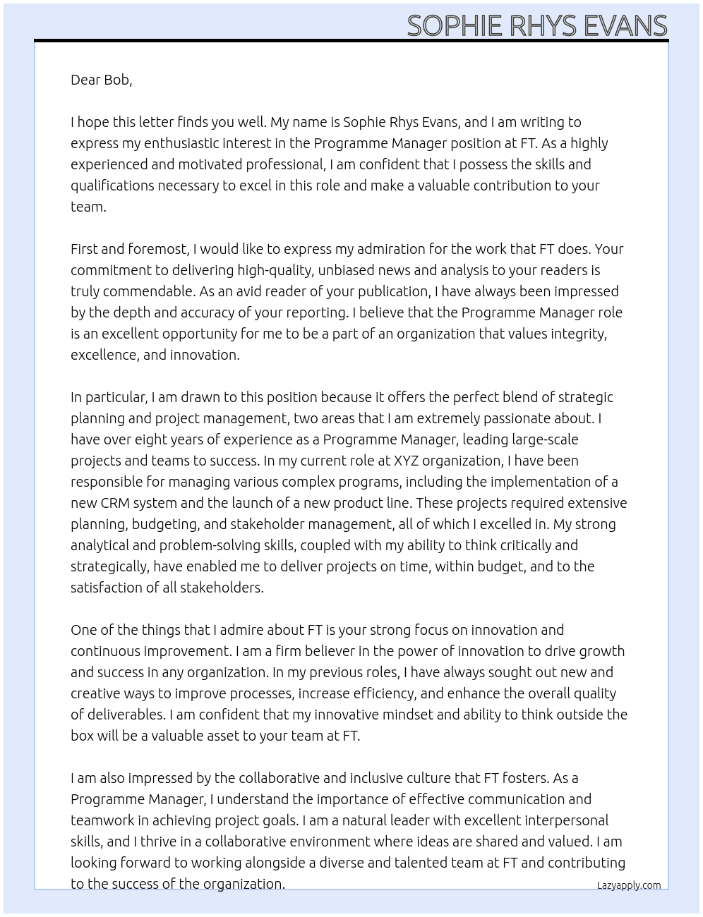 Programme Manager At FT Cover Letter
