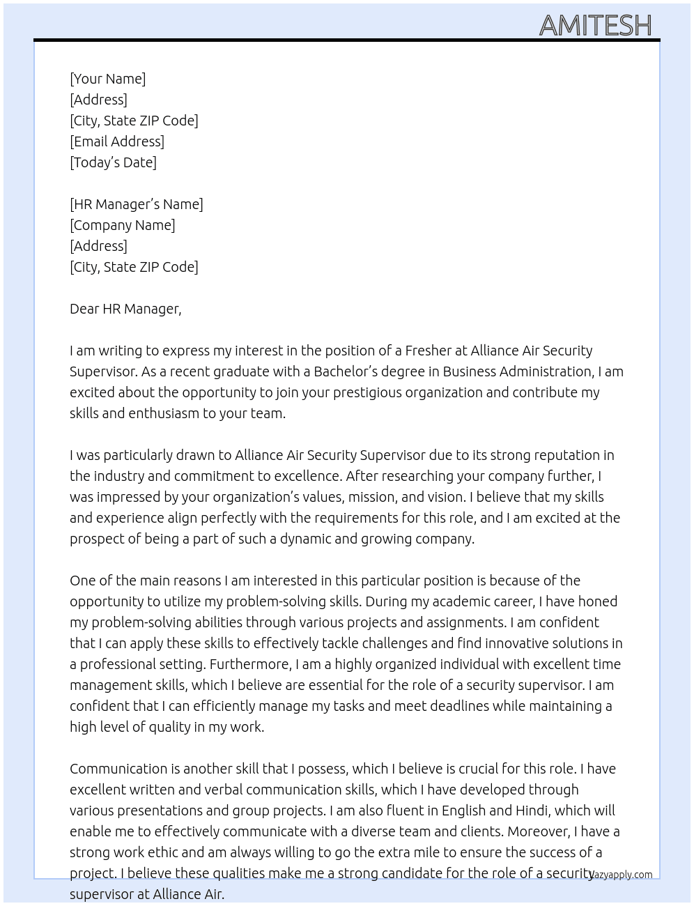Fresher At Alliance air security supervisor fresher  Cover Letter