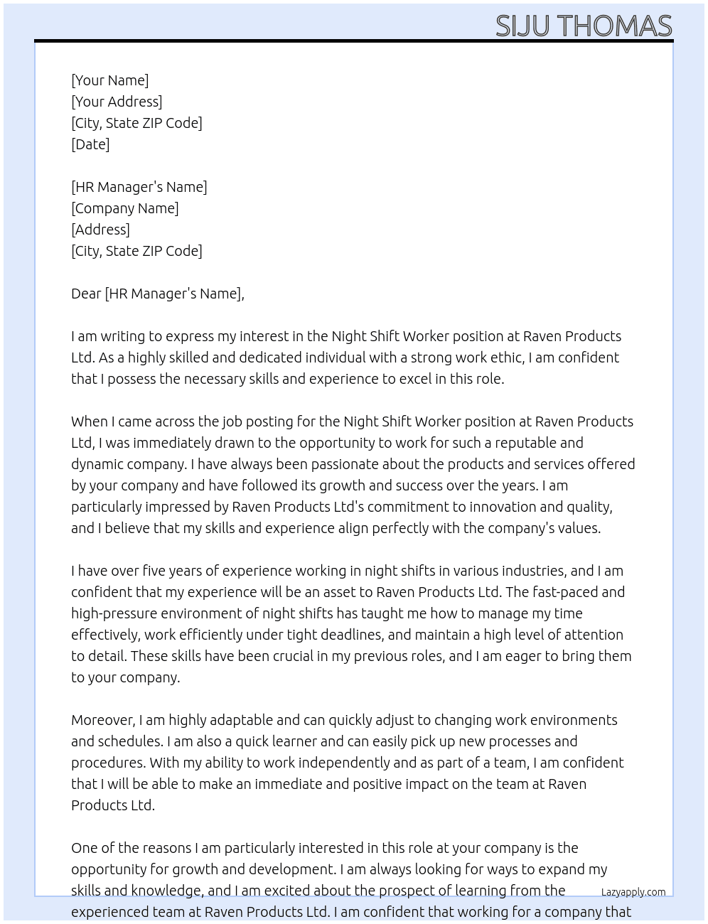 Night shift worker At Raven Products Ltd Cover Letter
