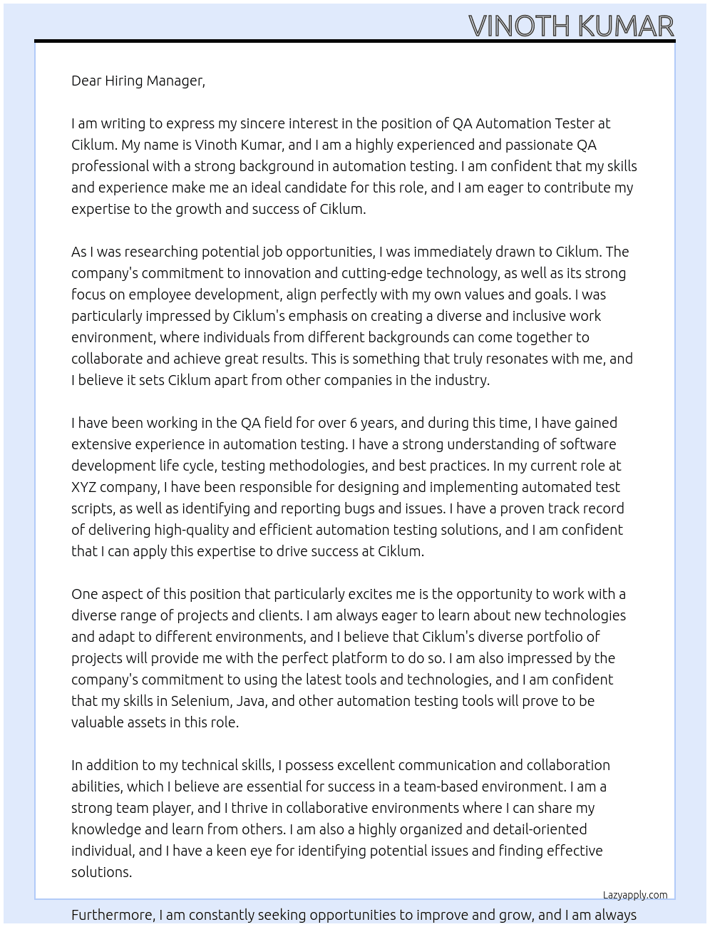QA automation tester At ciklum Cover Letter
