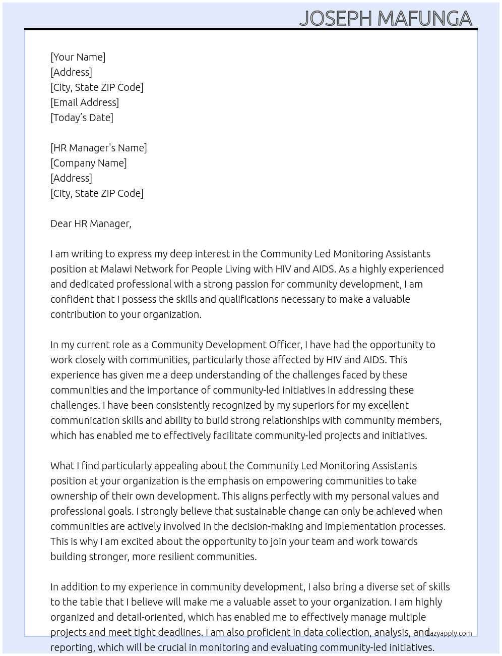 Community Led Monitoring Assistants At Malawi Network for People Living with HIV and AIDS  Cover Letter