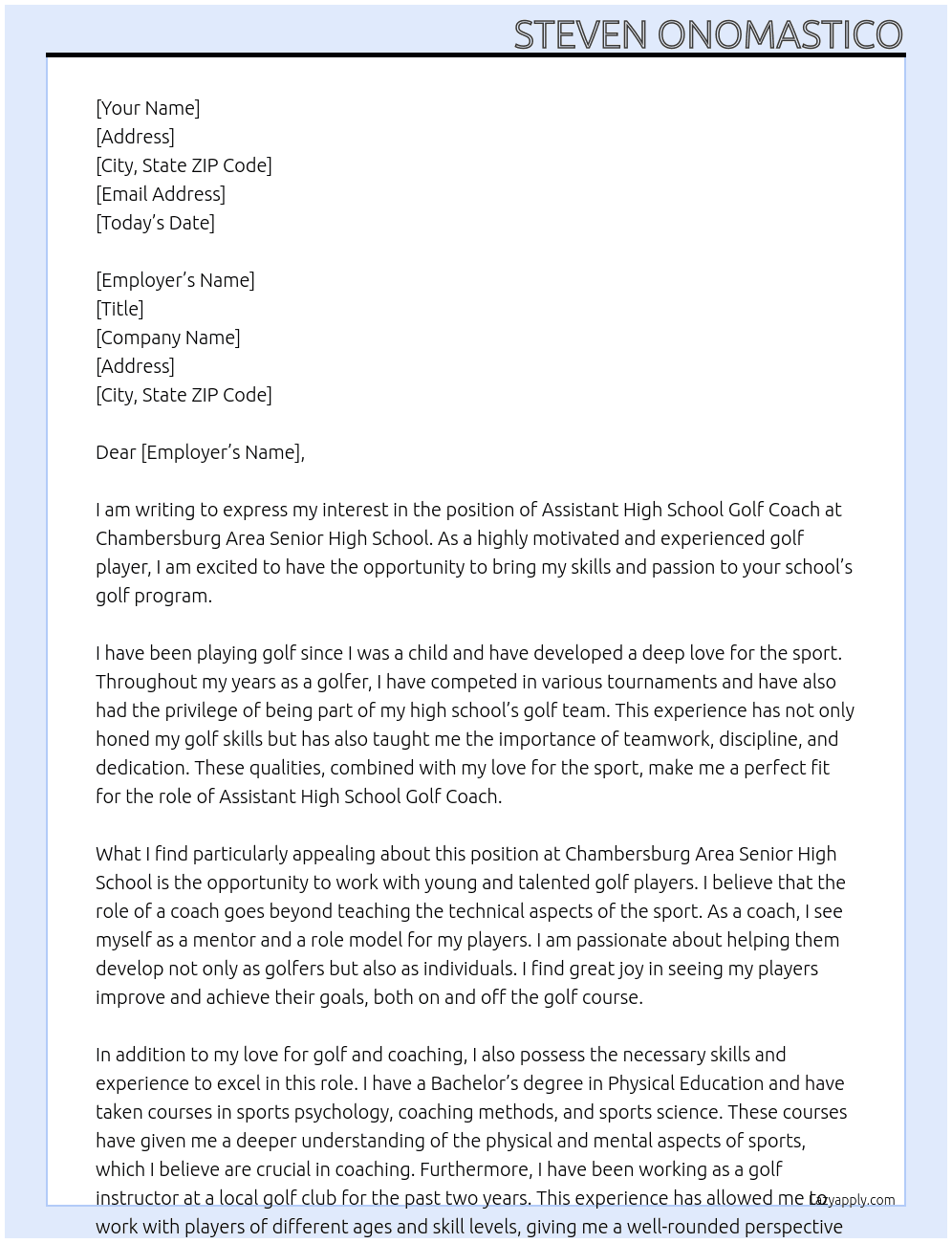 Assistant High School Golf Coach At Chambersburg Area Senior High School Cover Letter