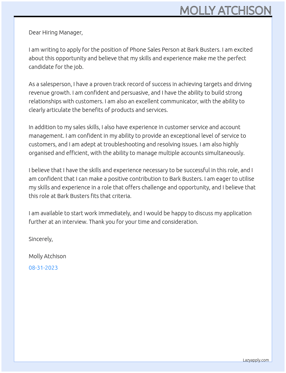 Phone Sales Person  At Bark Busters Cover Letter