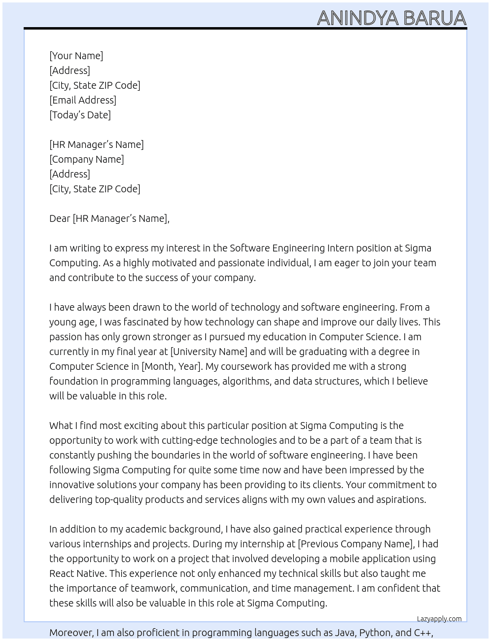 Software Engineering Intern At Sigma Computing Cover Letter