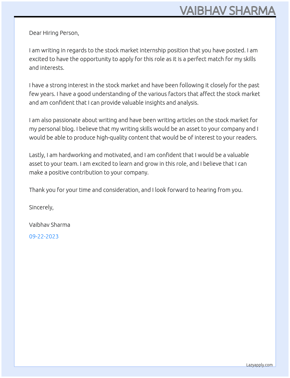 Stock market intership At Tha smart trader Cover Letter