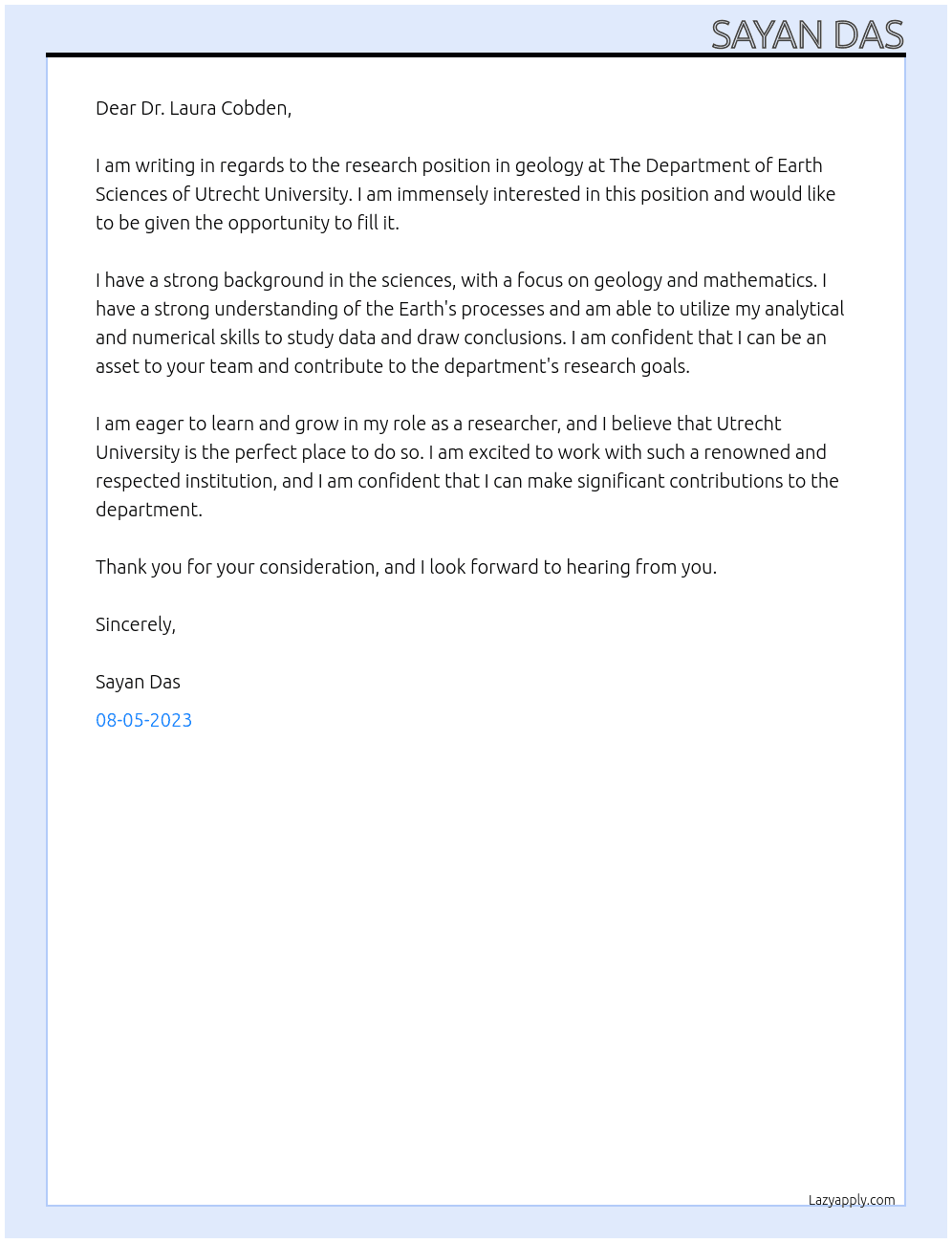Research in Geology  At The Department of Earth Sciences of Utrecht University Cover Letter