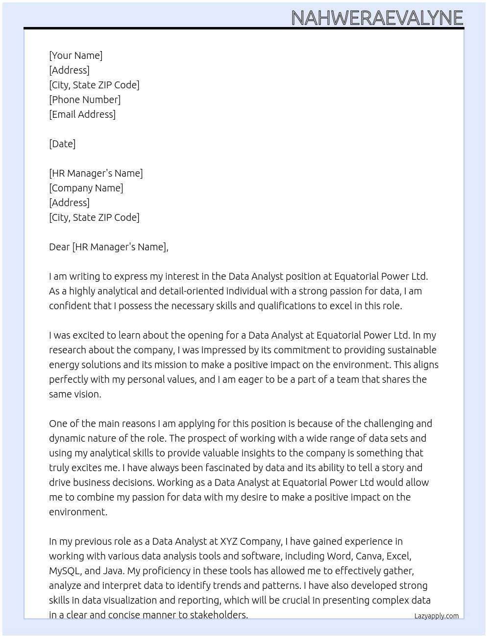 Data Analyst At Equatorial Power Ltd Cover Letter
