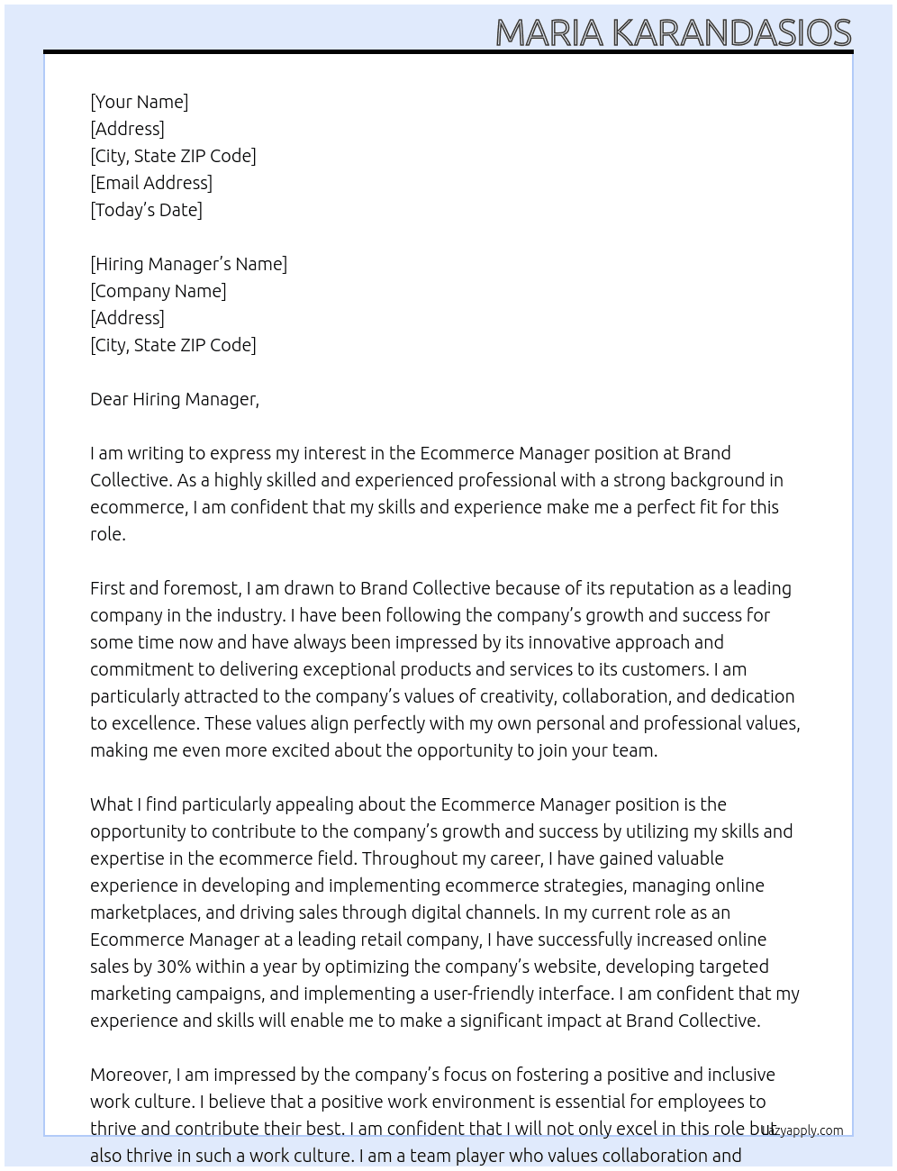 Ecommerce Manager At Brand Collective Cover Letter