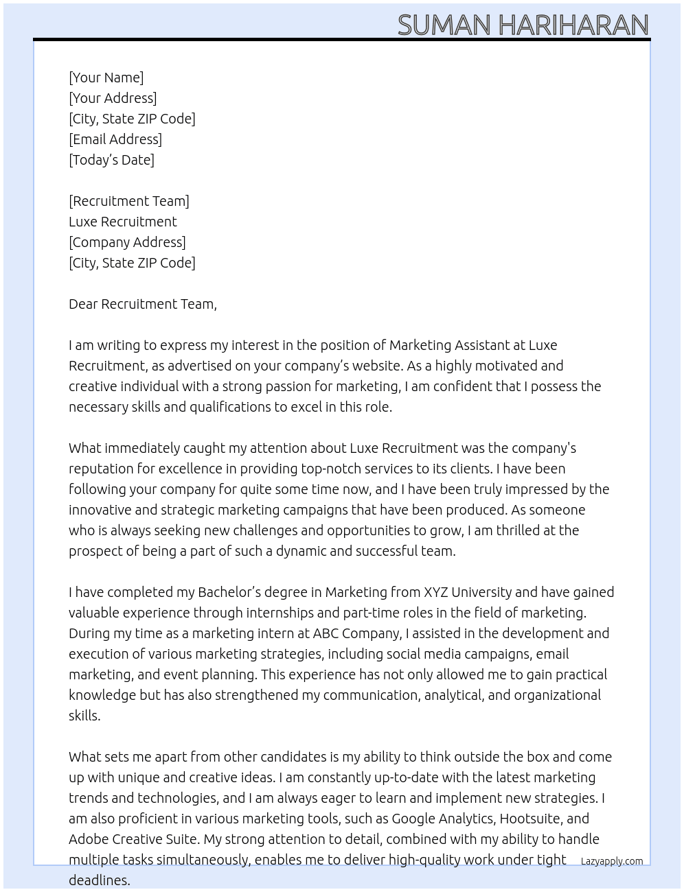 Marketing Assistant At Luxe recruitment Cover Letter