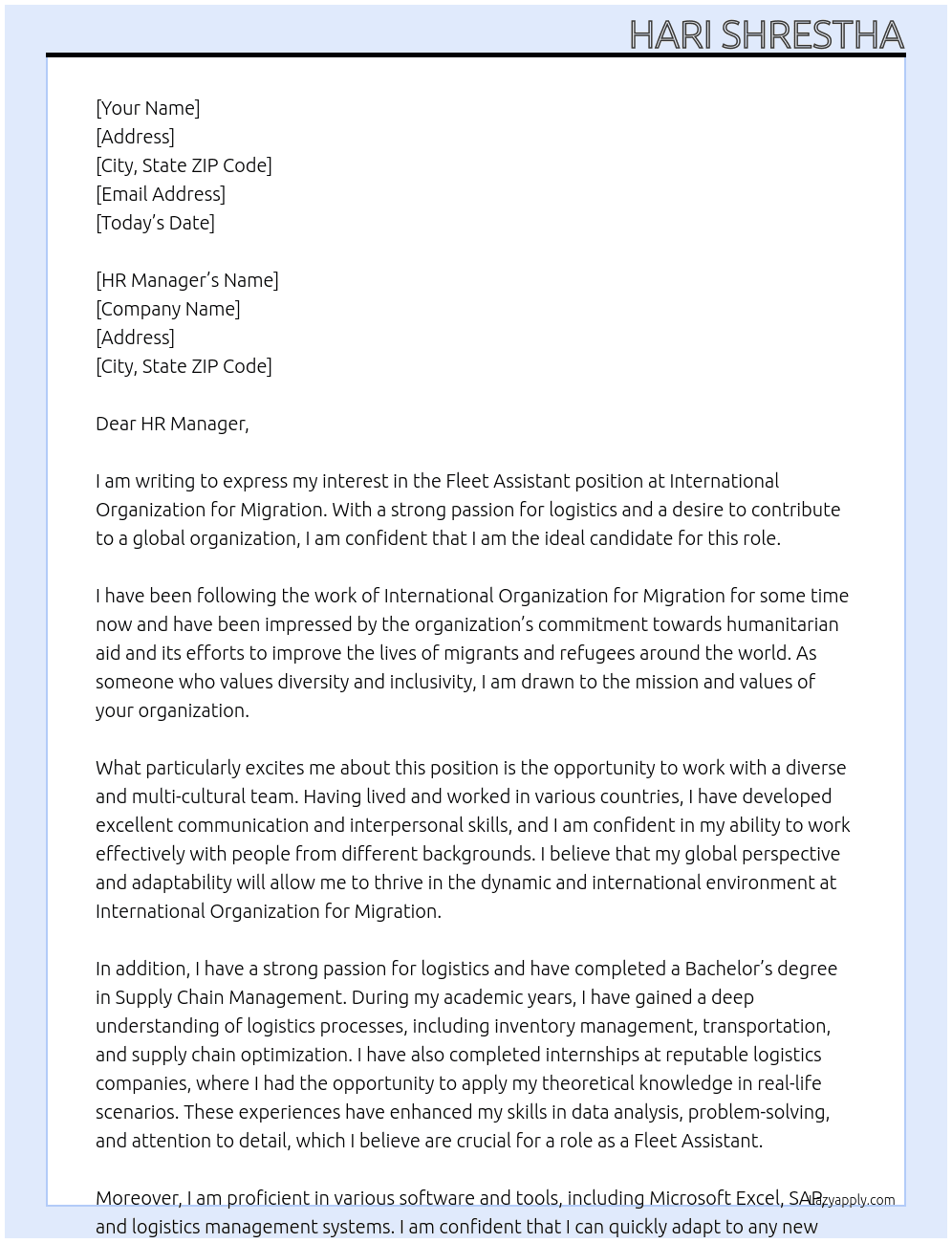 Fleet Assistant At International Organization for Migration Cover Letter