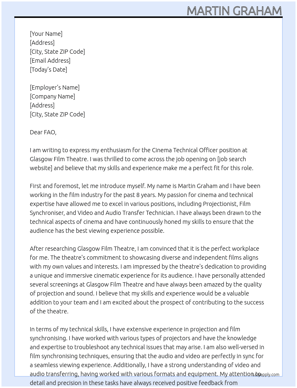Cinema technical officer At Glasgow film theatre Cover Letter