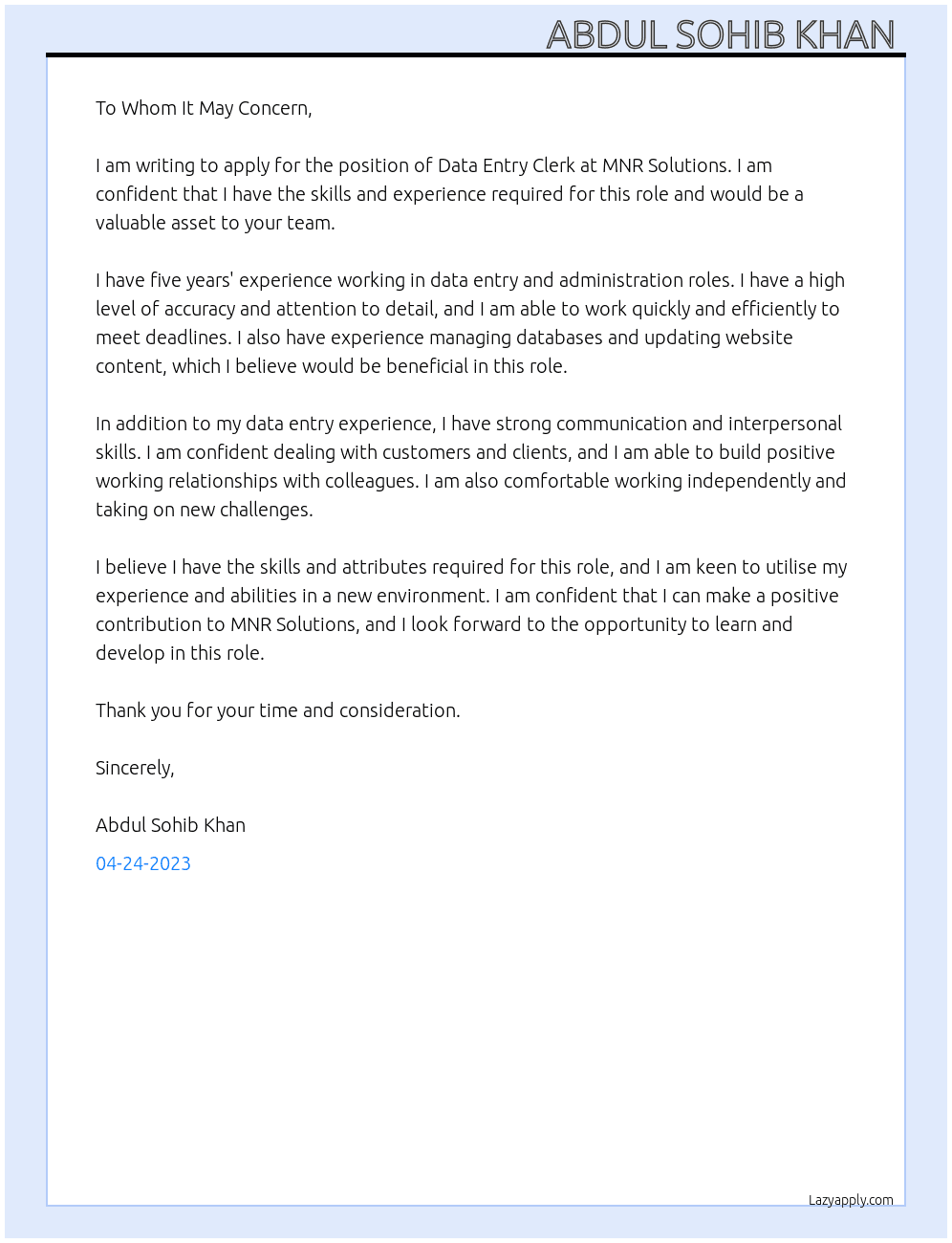 Data Entry Clerk  At MNR SOLUTIONS  Cover Letter