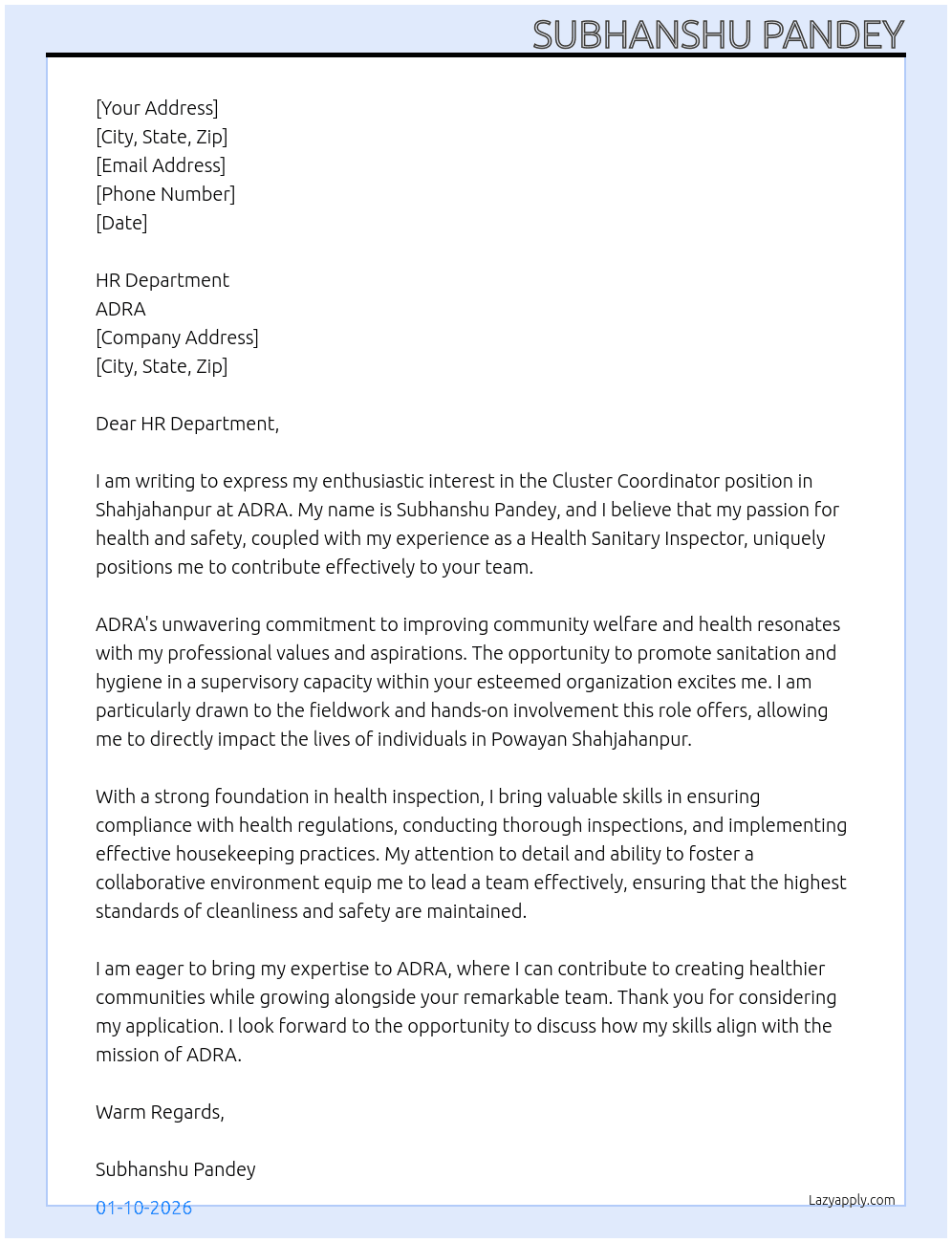 Cluster coordinator Shahjahanpur  At ADRA Cover Letter