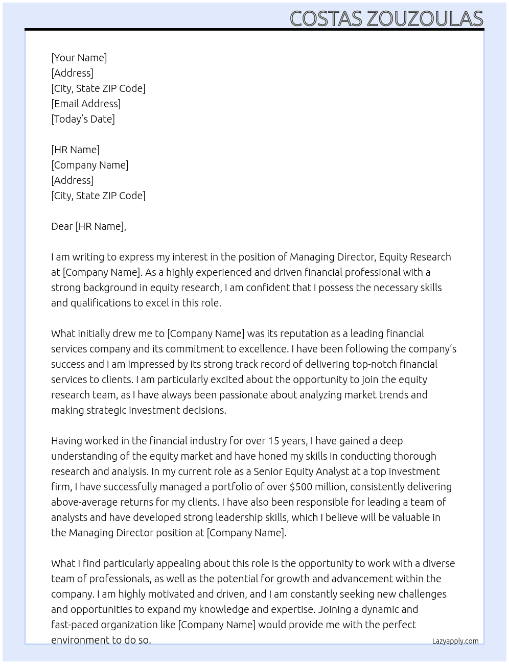 Cover letter for managing director, equity research - LazyApply