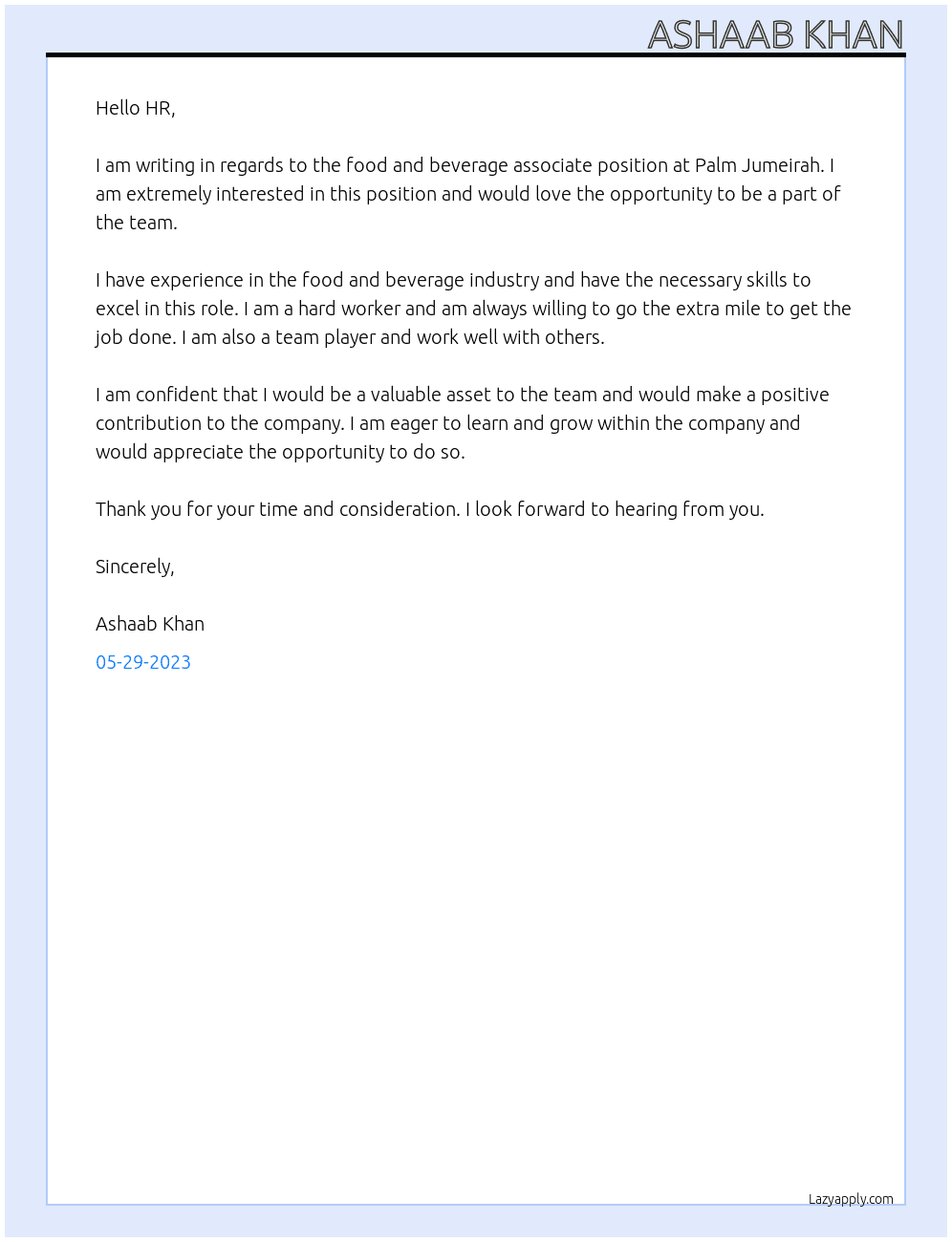 Food and beverage associates  At Palm Jumeirah  Cover Letter