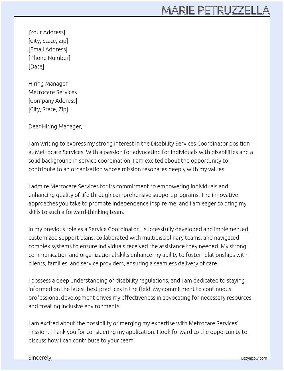 Disability services coordinator At metrocare services Cover Letter