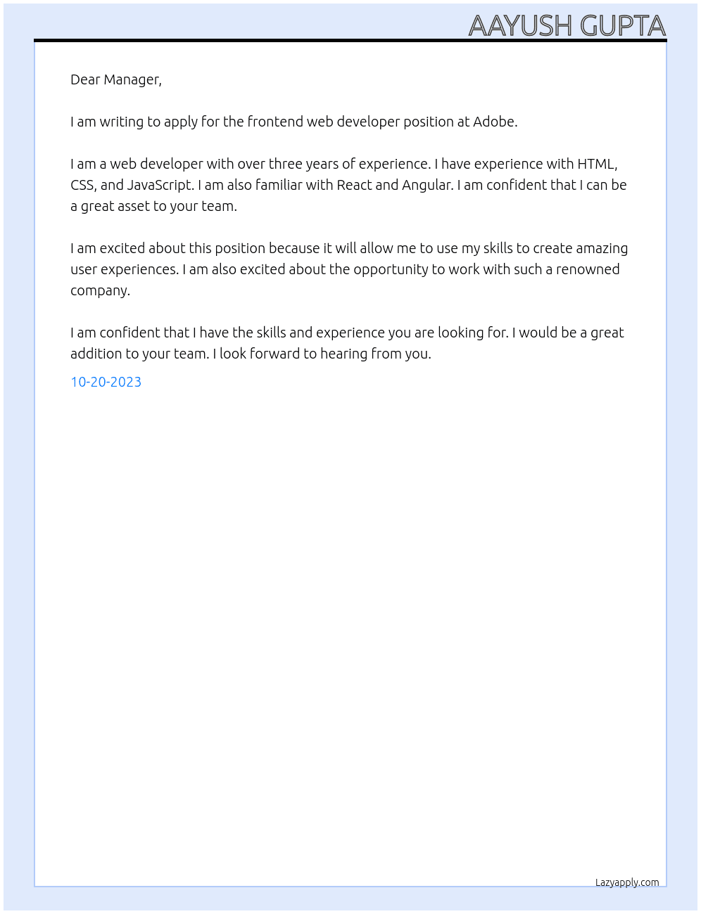 frontend web developer At adobe Cover Letter