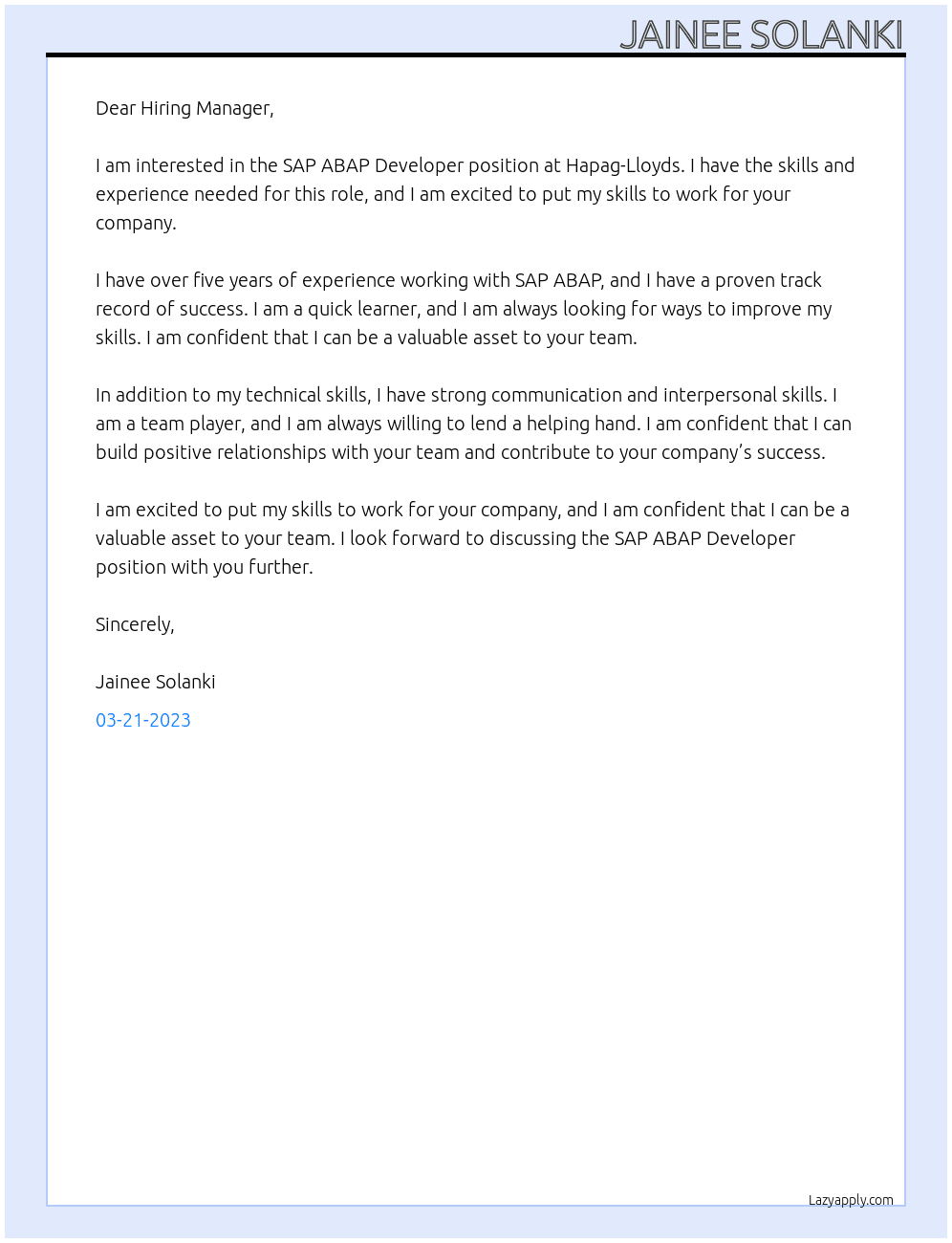 SAP ABAP Developer At Hapag-Lloyds Cover Letter