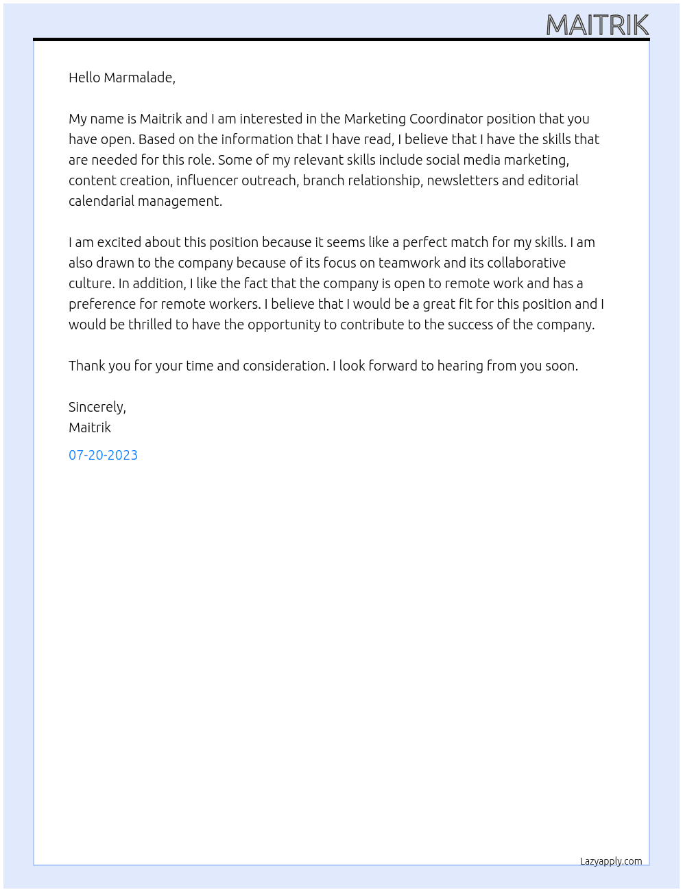 Marketing Coordinator At Marmalade Cover Letter