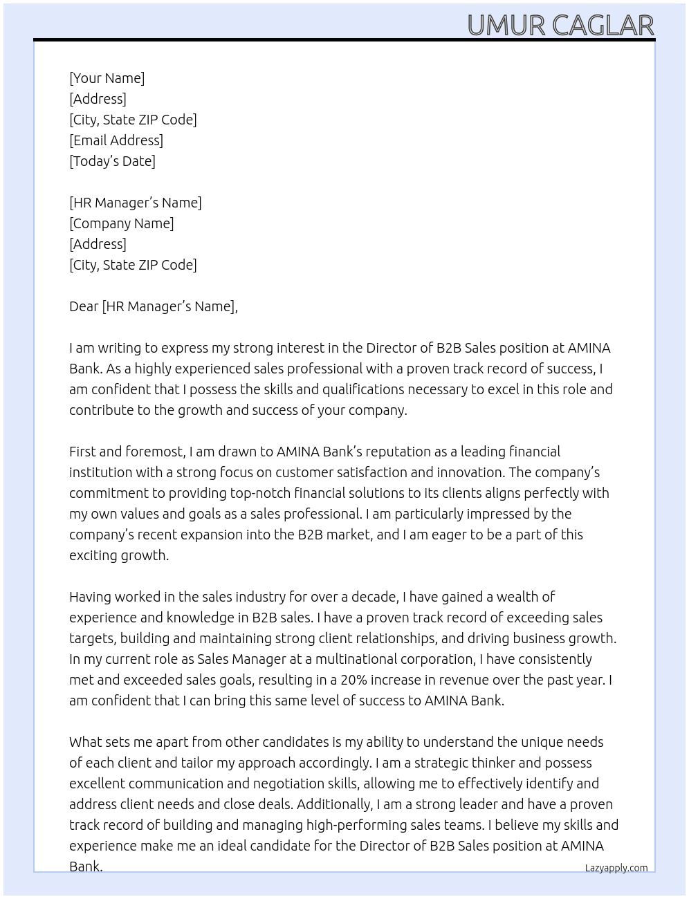 Director B2B Sales At AMINA Bank Cover Letter