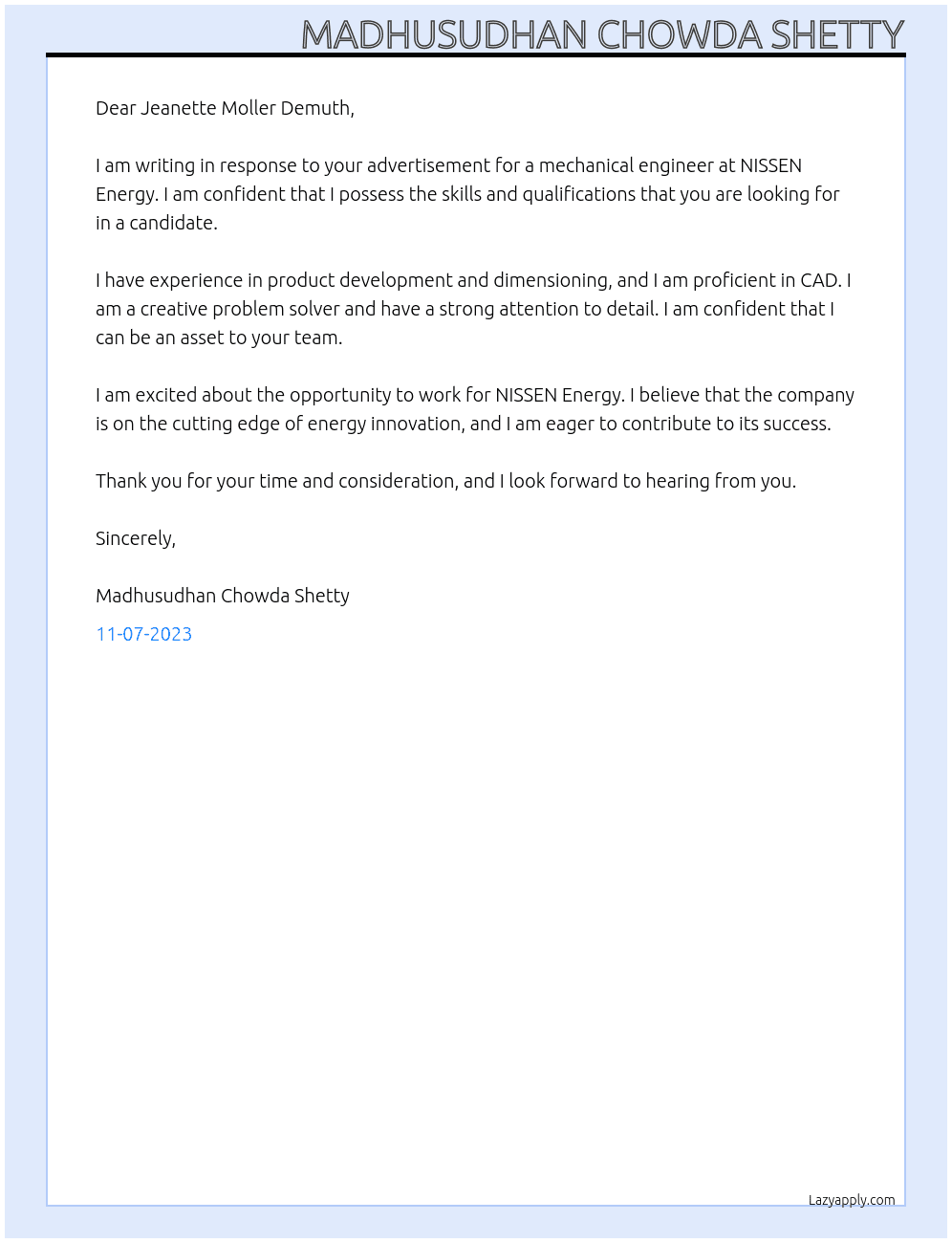 Mechanical Engineer At NISSEN Energy Cover Letter