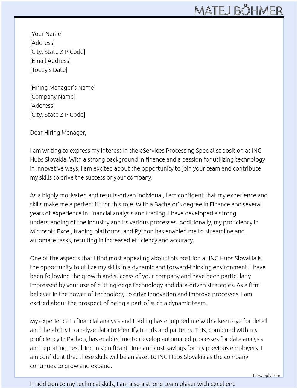 eServices Processing Specialist At ING Hubs Slovakia Cover Letter