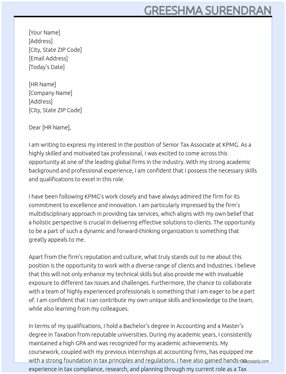 Senior Tax Associate At KPMG Cover Letter