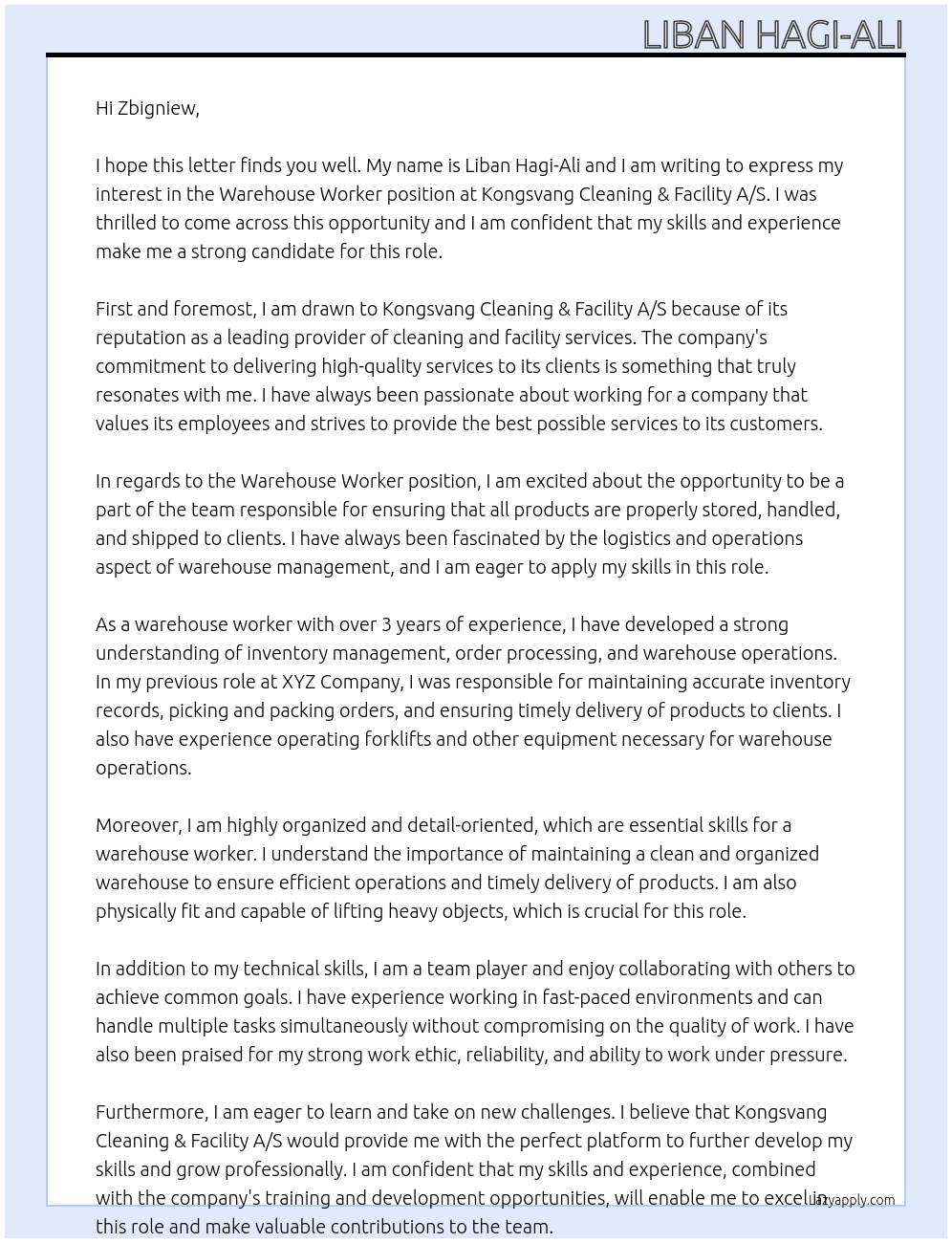 Warehouse worker At Kongsvang Cleaning & Facility A/S Cover Letter
