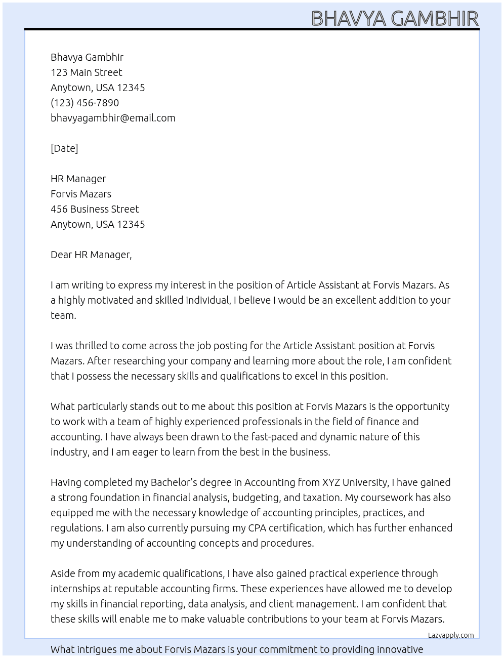 article assisstant At Forvis Mazars Cover Letter