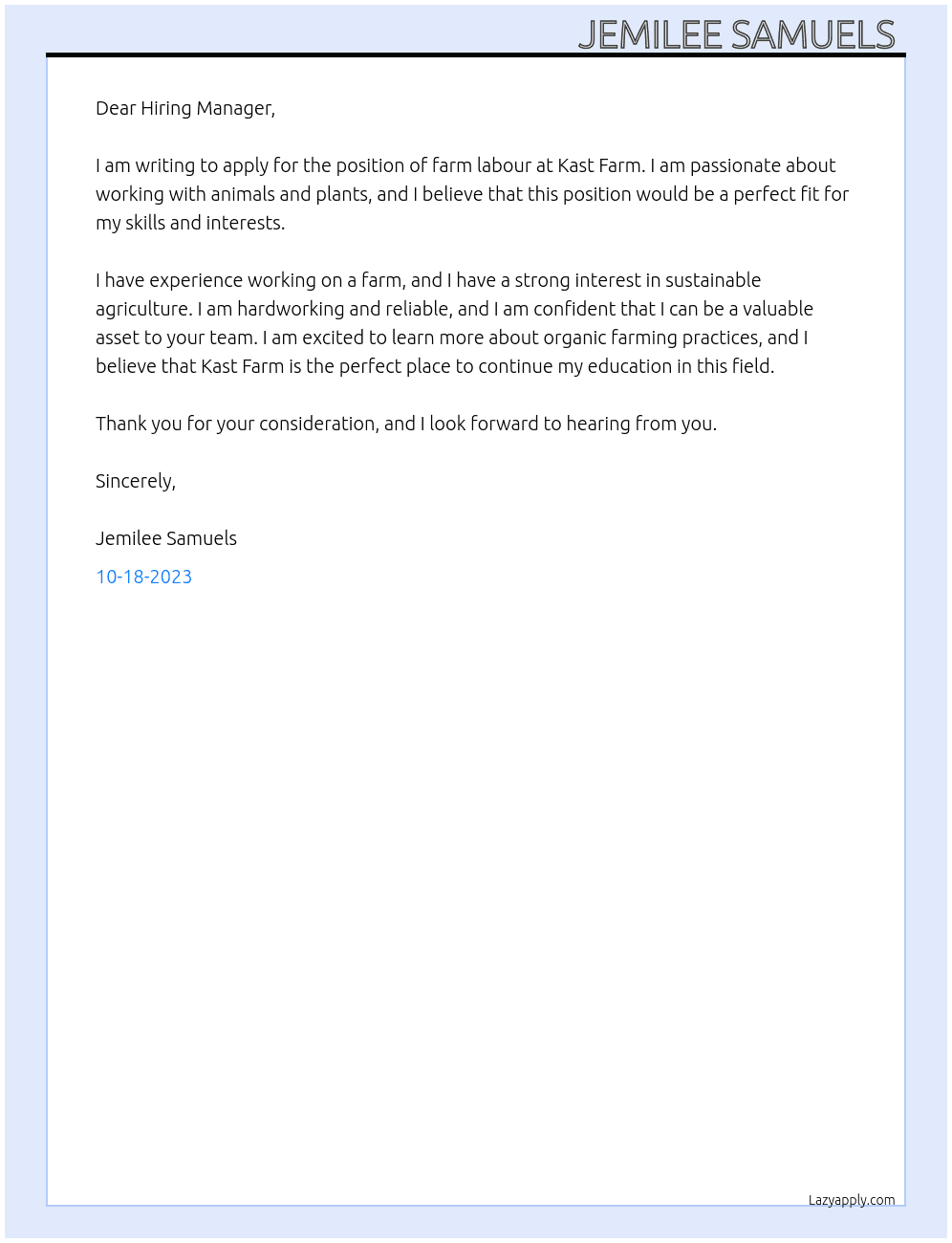 Farm labour  At Kast Farm Cover Letter