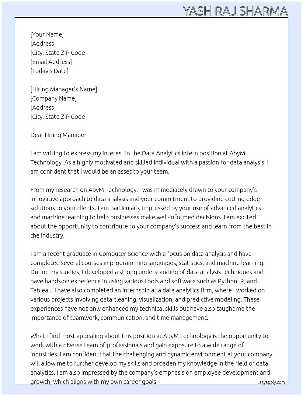 Data Analytics Intern At AbyM Technology Cover Letter