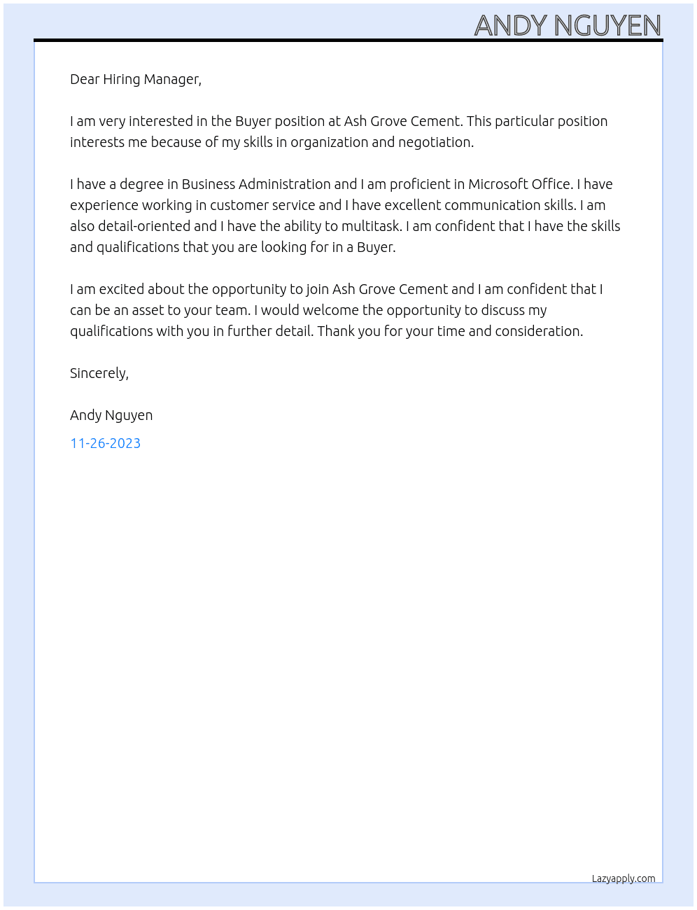 Buyer At Ash Grove Cement Cover Letter
