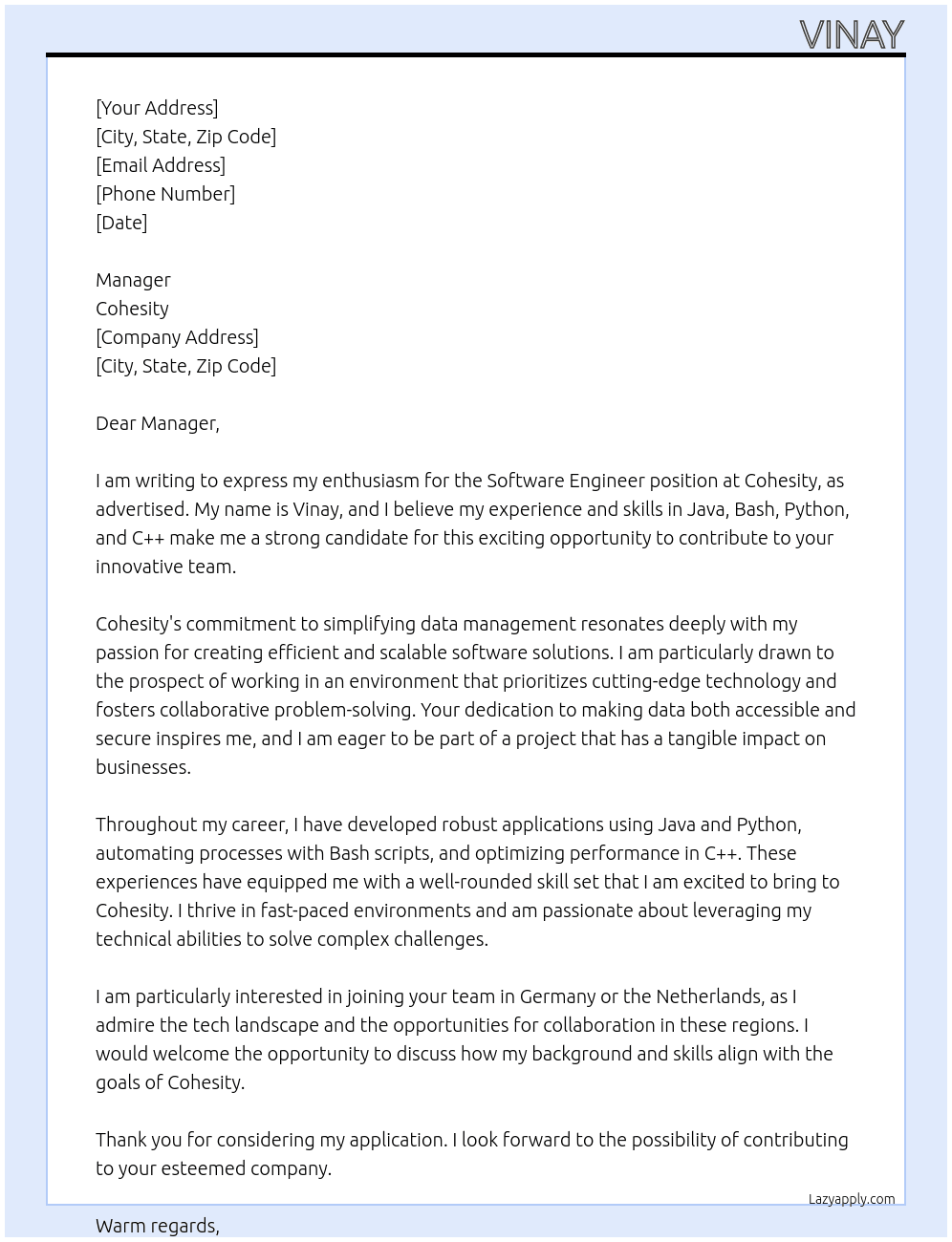 Software Engineer At Cohesity Cover Letter