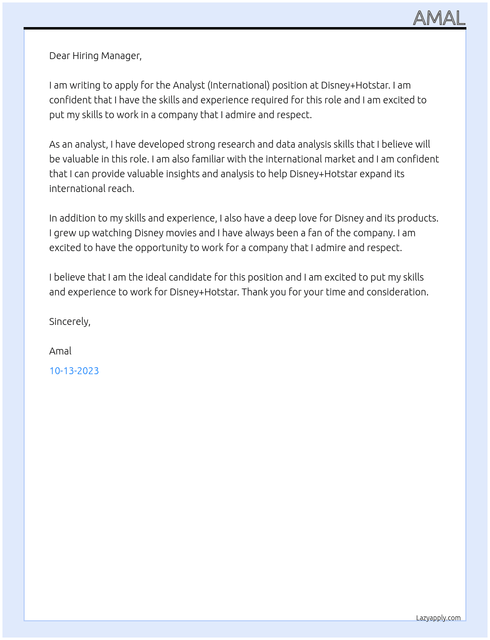 Analyst (International) At Disney+Hotstar Cover Letter