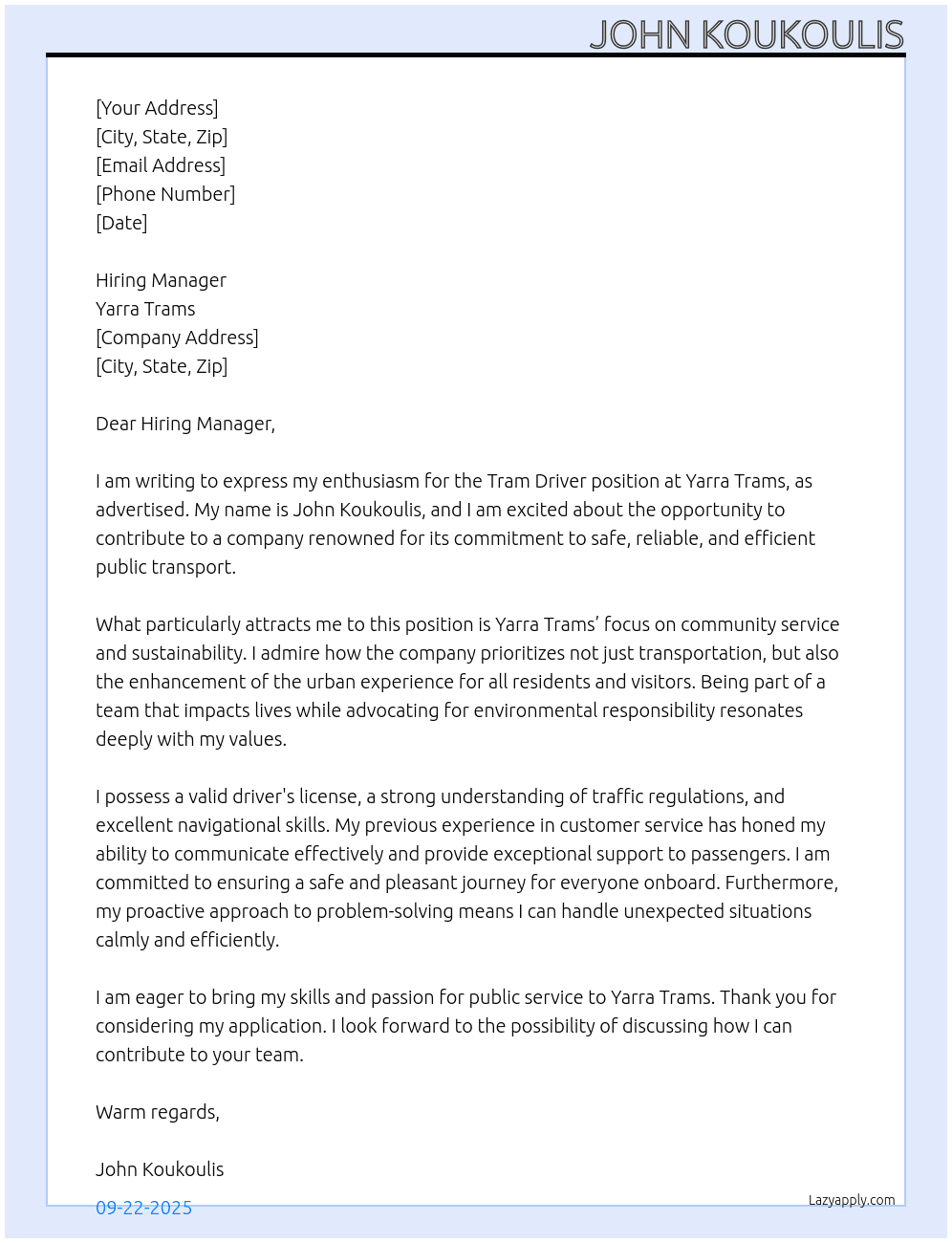 tram driver At yarra trams Cover Letter