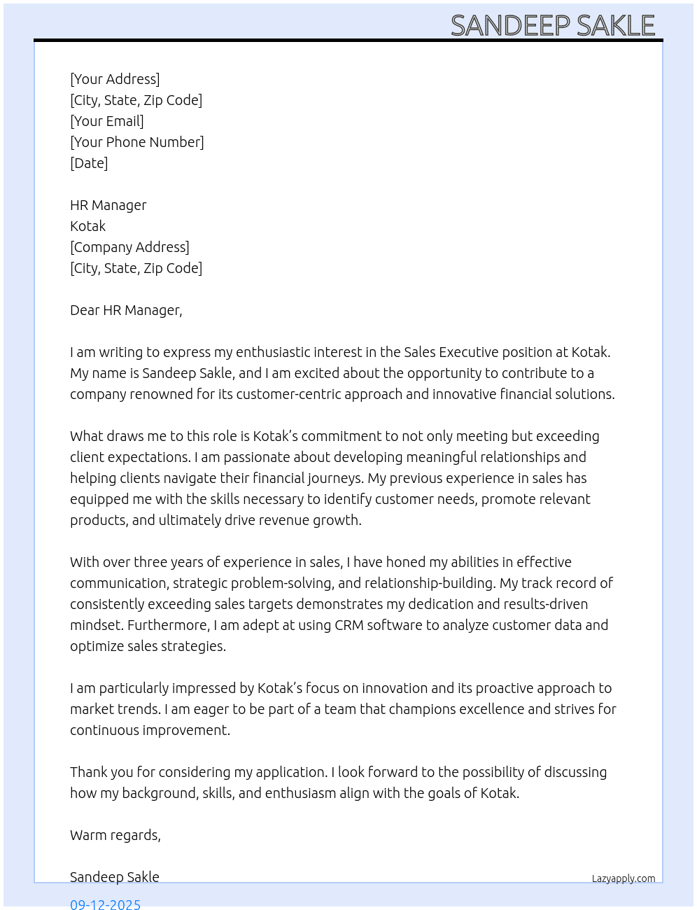 Sales Executive  At Kotak  Cover Letter
