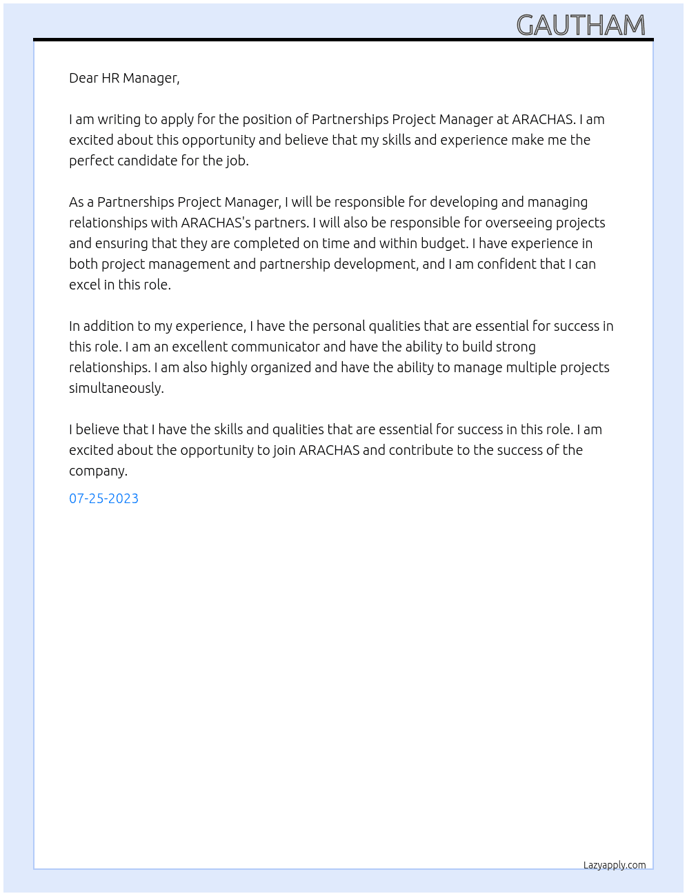 Partnerships Project Manager At ARACHAS  Cover Letter