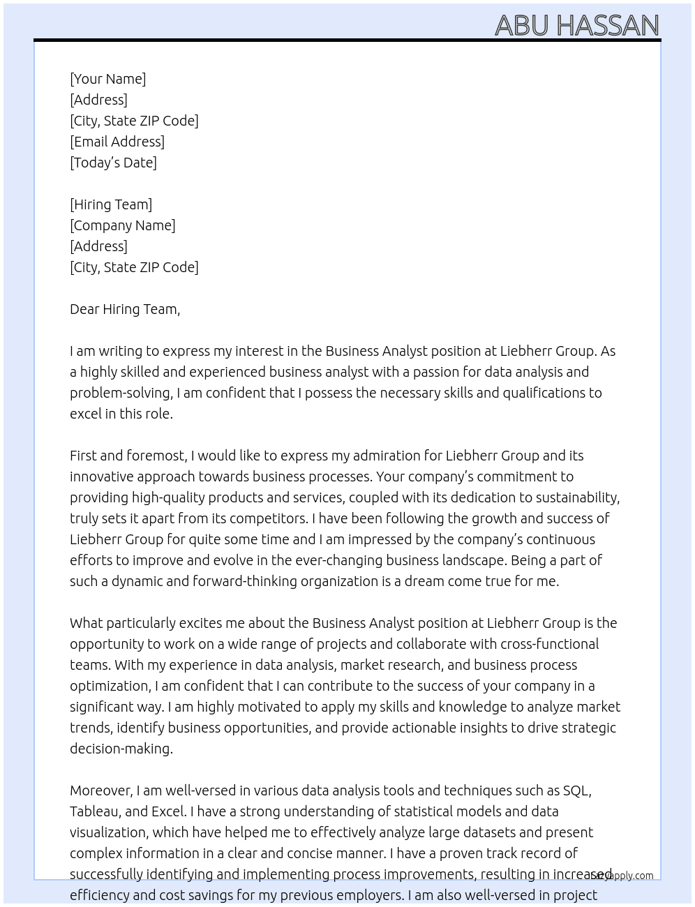 Business Analyst At Liebherr Group Cover Letter