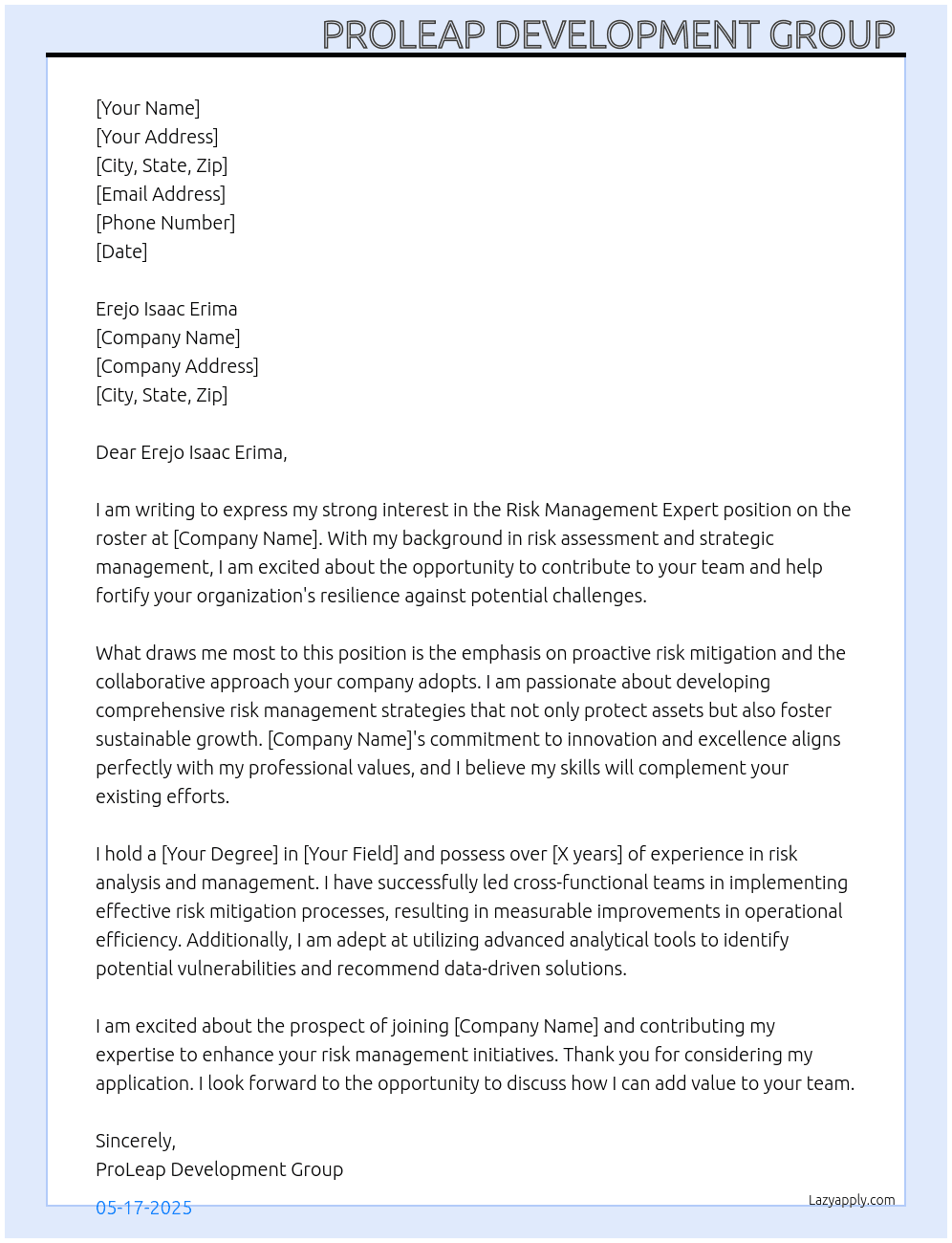 Risk Management Expert, Roster At Erejo Isaac Erima Cover Letter