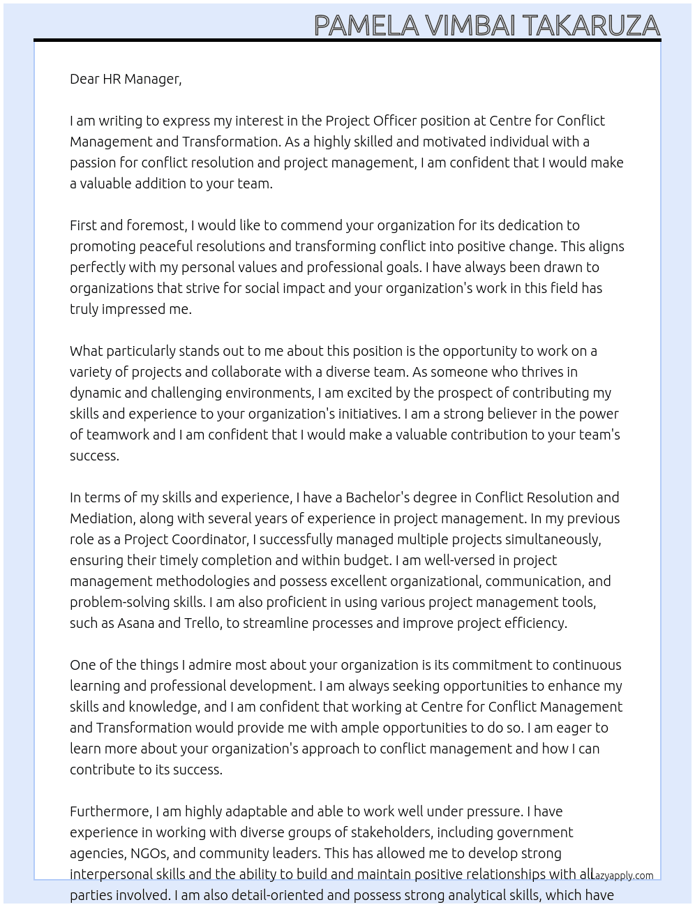Project Officer At Centre for Conflict Management and Transformation Cover Letter