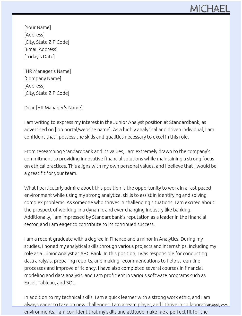 Junior Analyst At Standardbank Cover Letter
