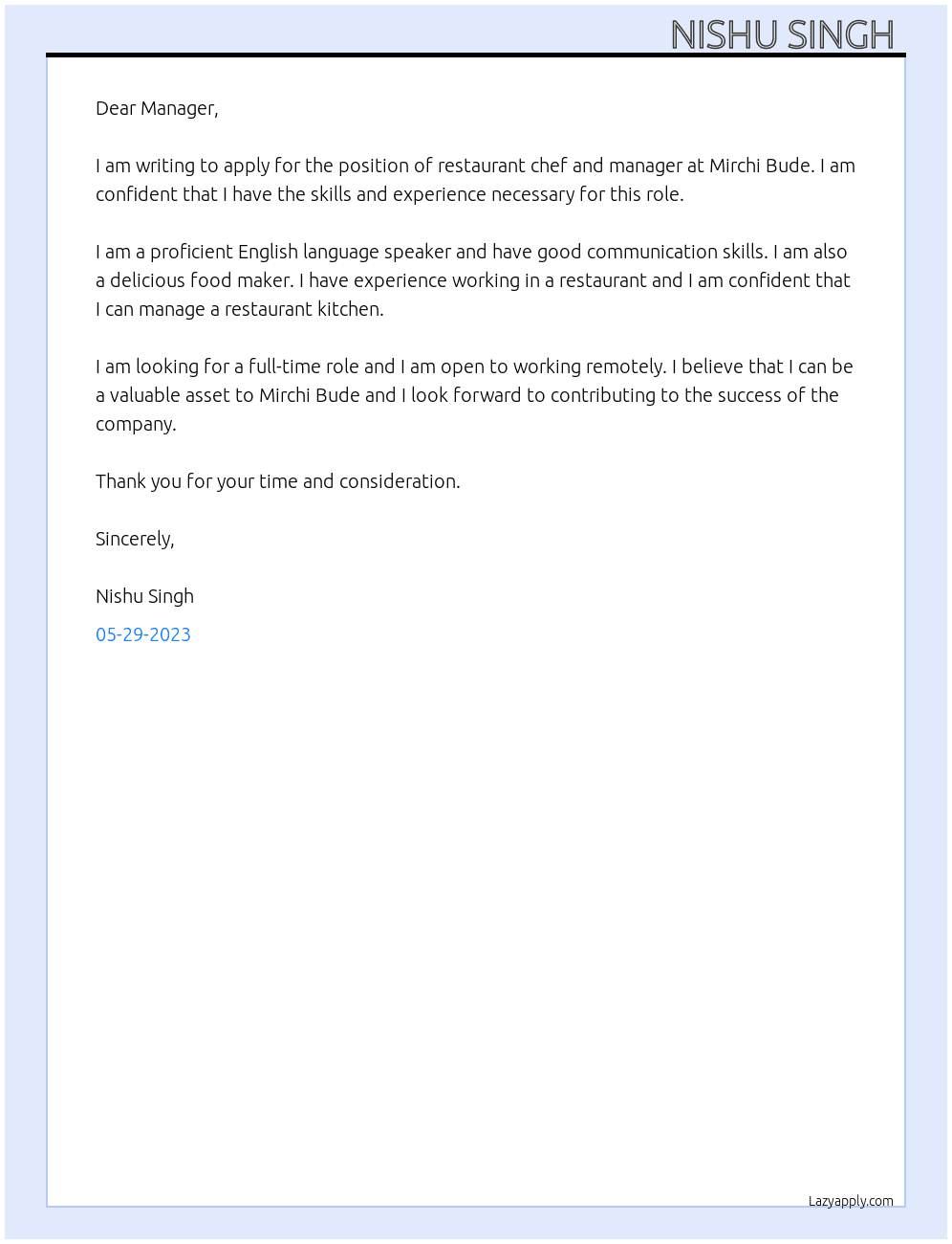 Restaurant chef and manager  At Mirchi bude Cover Letter