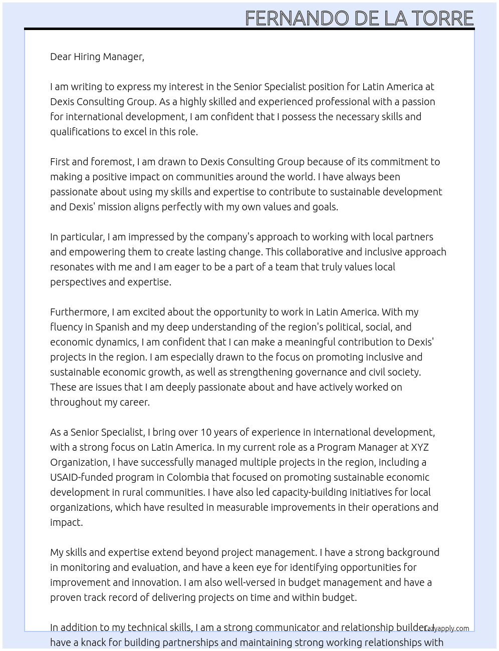 Senior Specialist, Latin America At Dexis Consulting Group Cover Letter