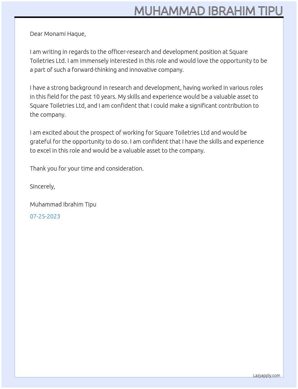 officer-research and development At Square Toiletries Ltd. Cover Letter
