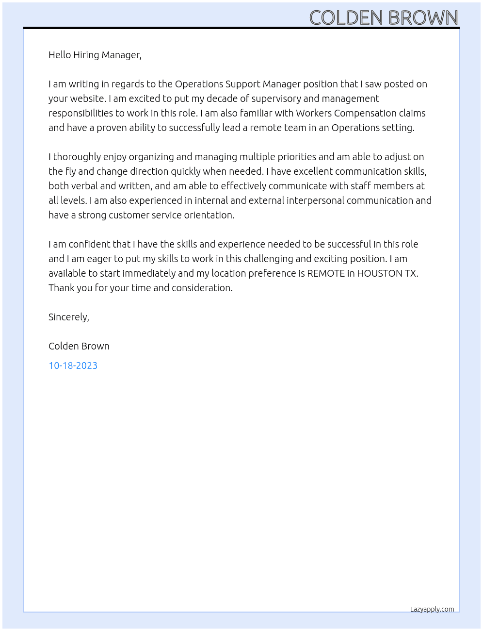 Cover letter for operations support manager remote - LazyApply