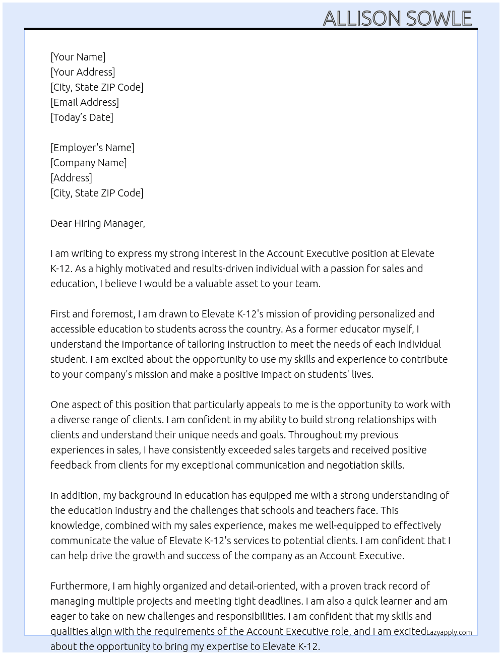 account executive  At Elevate K-12 Cover Letter