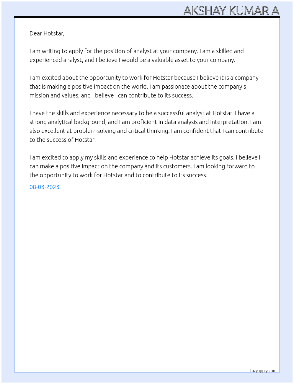 analyst At hotstar Cover Letter