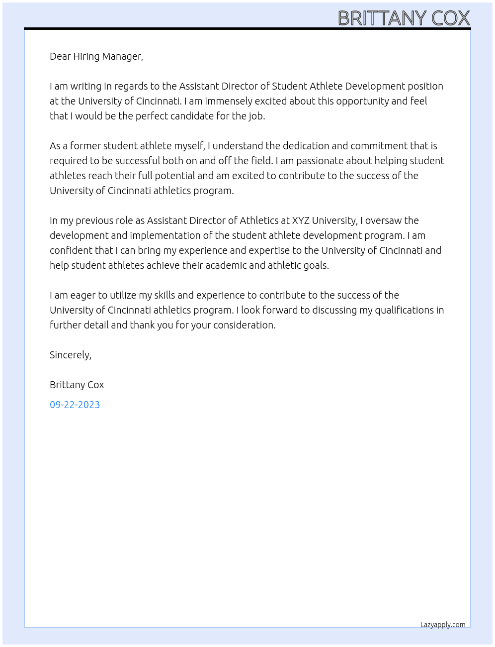 Assistant Director of Student Athlete Development At University of Cincinnati Cover Letter