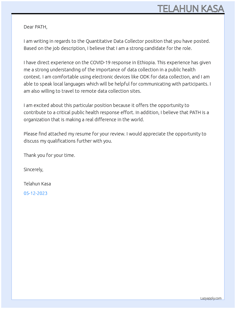 Quantitative Data Collector  At PATH  Cover Letter